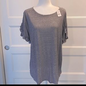 LOFT 100% linen tiny striped blue white top with ruffled short sleeves, XXL